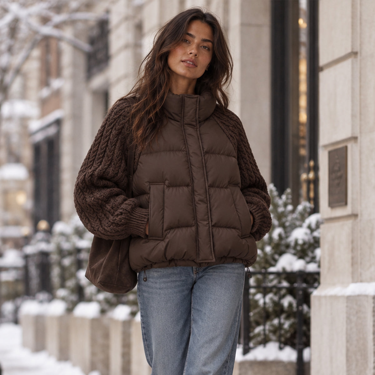 Women's Puffer Jacket with Cable Knit Sleeves