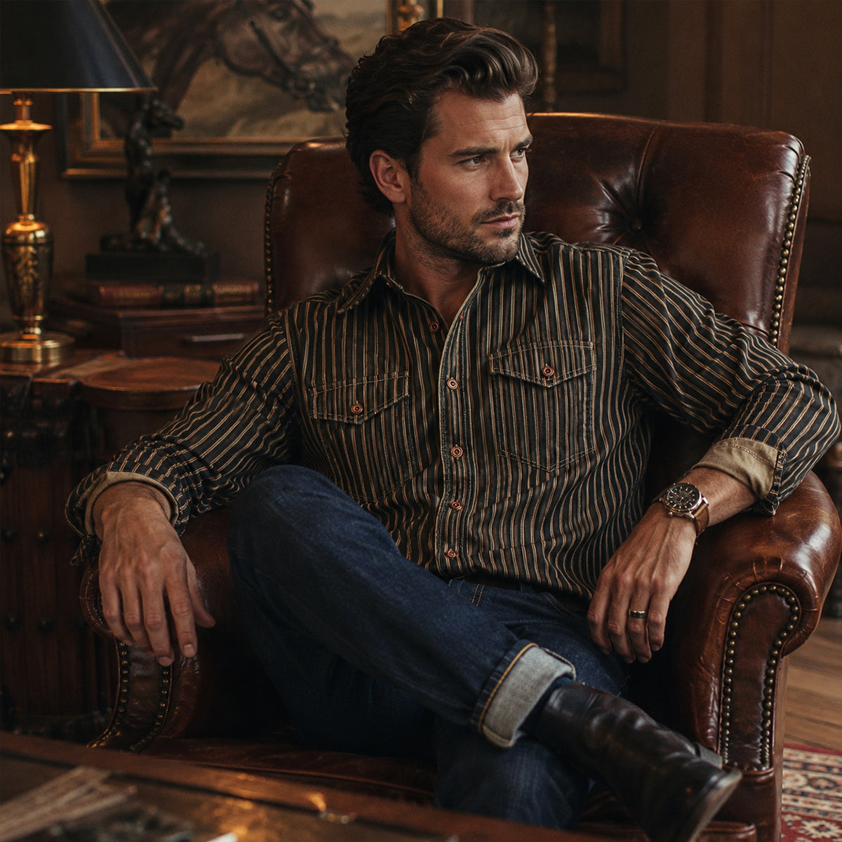 The Marseille Men's Cotton Retro Striped Button Up Shirt