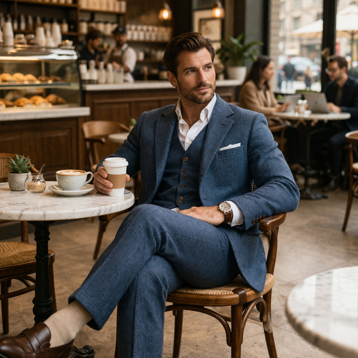 The Como Men’s Smart 3 Piece Tweed Suit – Herringbone Blazer, Waistcoat & Trousers