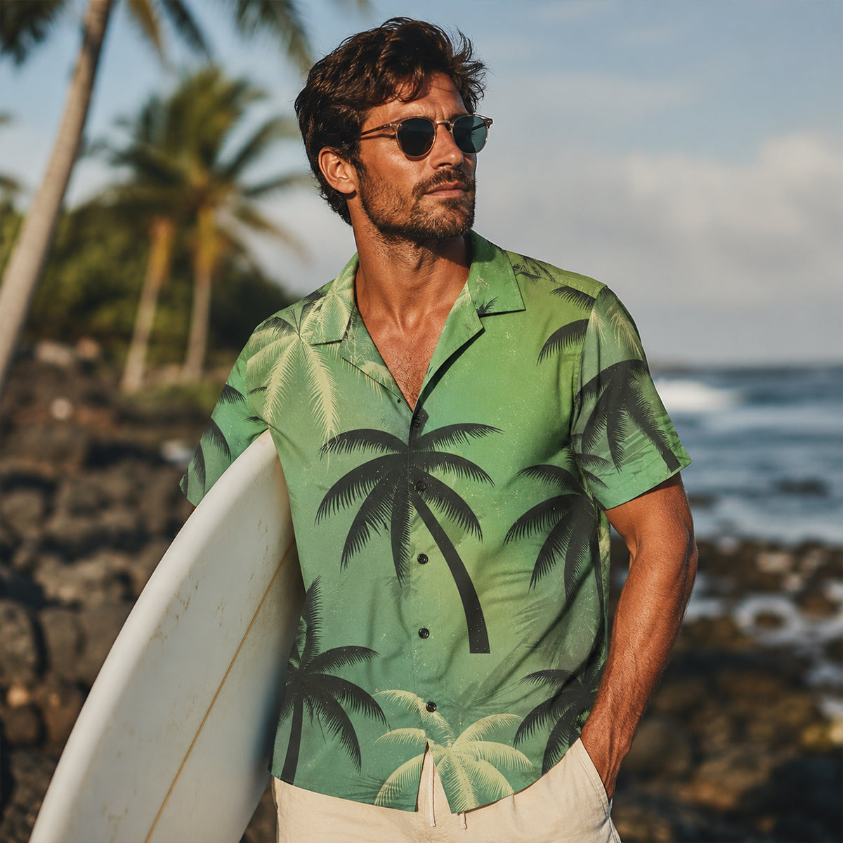 The Silverfield Men’s Lightweight Tropical Coconut Print Hawaiian Beach Shirt