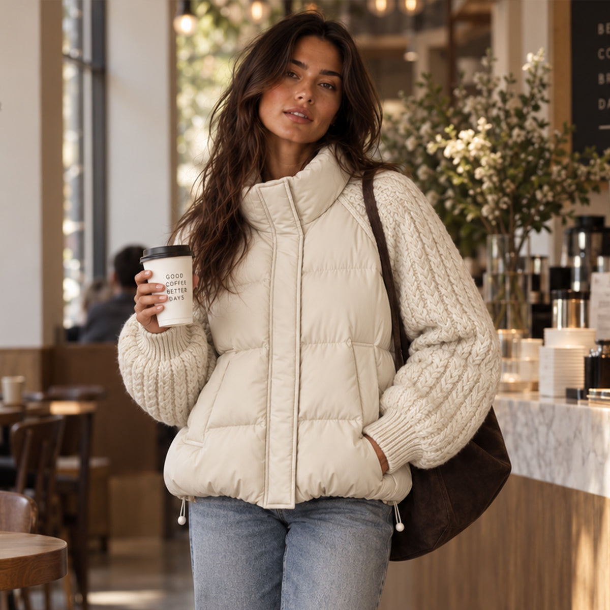 Women's Puffer Jacket with Cable Knit Sleeves