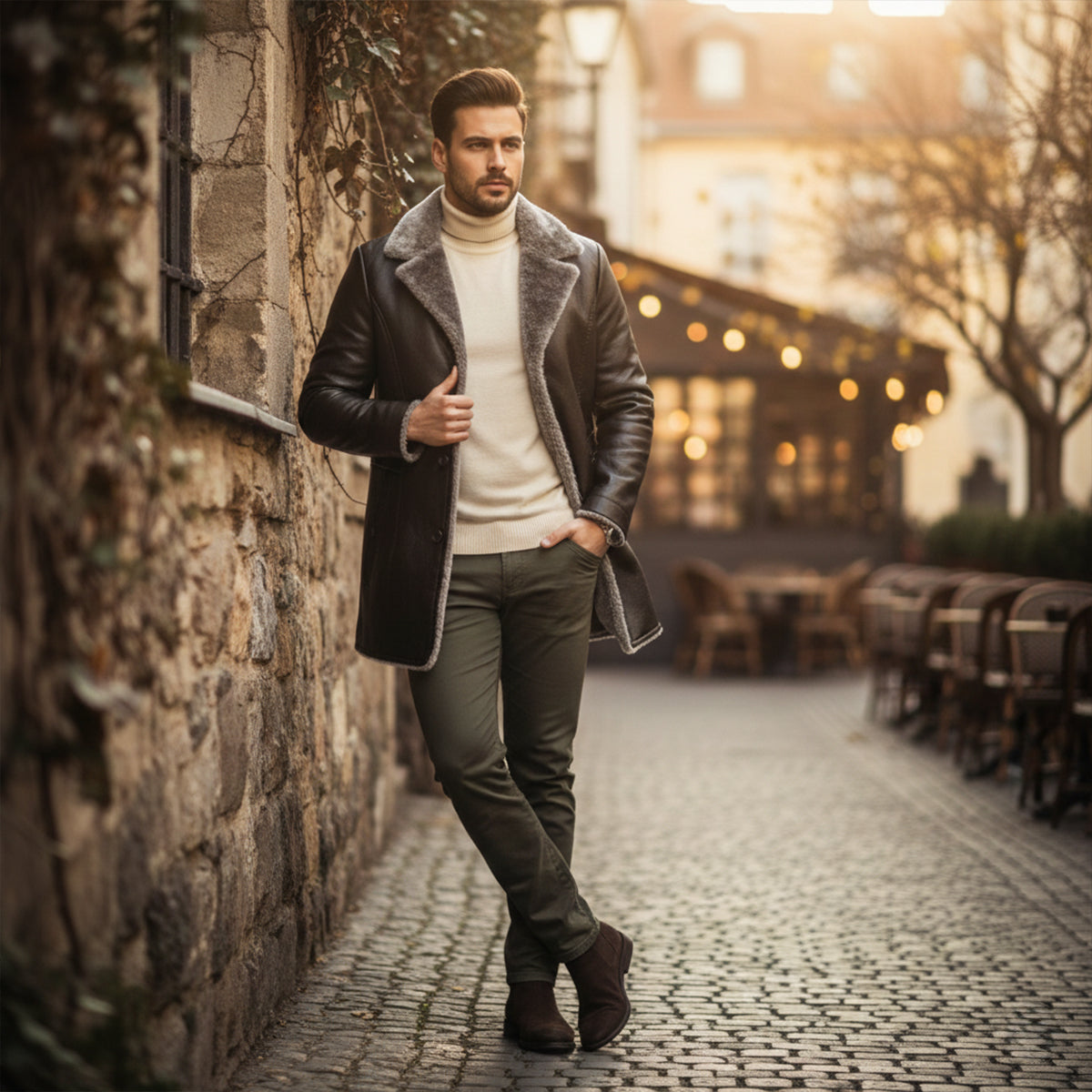 The Montefalco Men’s Button-Up Fur Lined Long Leather Winter Coat