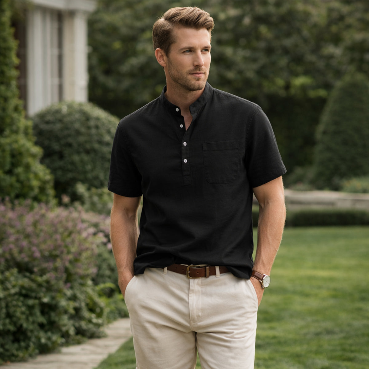 The Hillgate Men’s Casual Cotton Linen Henley Shirt