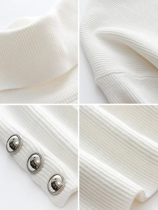 Women's High Collar Sweater with Button Detail Sleeves and Relaxed Fit