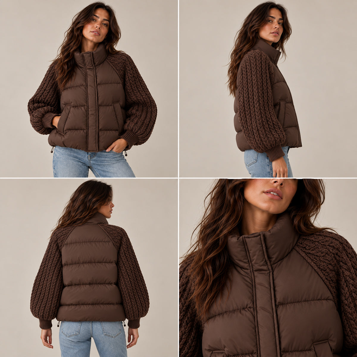 Women's Puffer Jacket with Cable Knit Sleeves