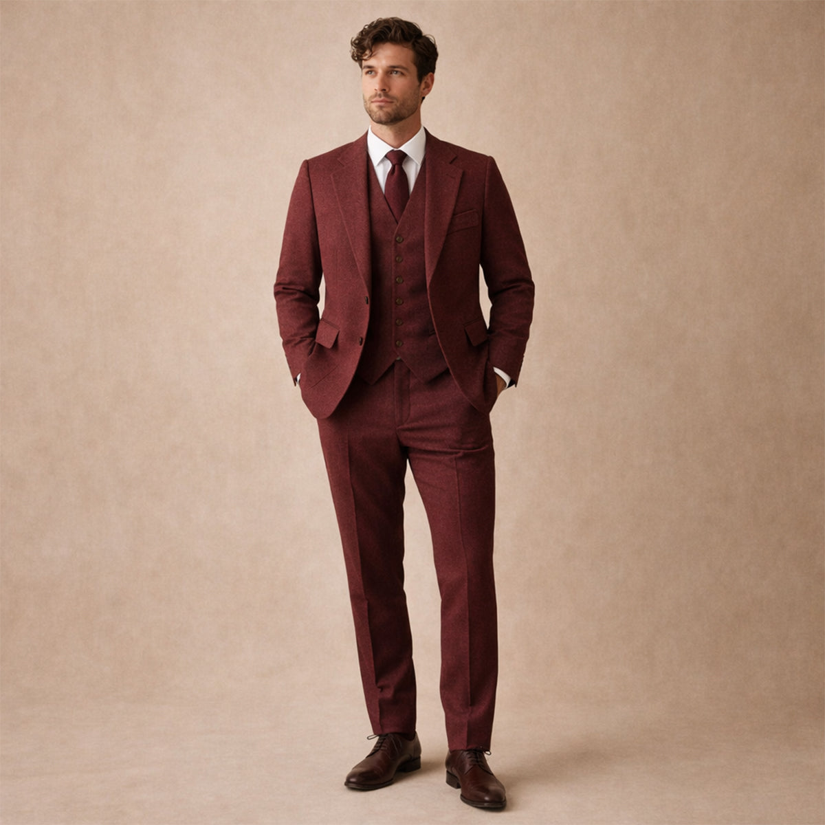 The Como Men’s Smart 3 Piece Tweed Suit – Herringbone Blazer, Waistcoat & Trousers
