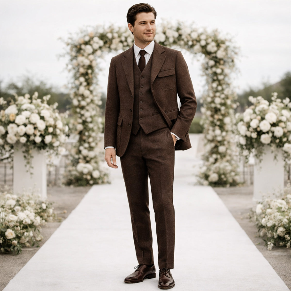 The Portofino Men’s Elegant 3 Piece Tweed Suit – Herringbone Blazer, Waistcoat & Trousers