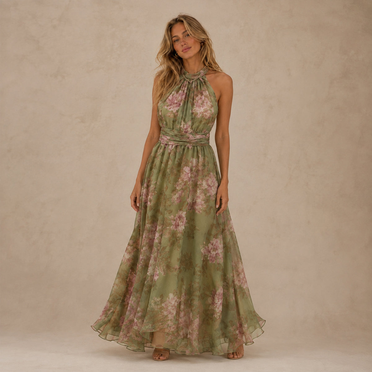 Maxi Chiffon Dress with Halter Neck and Floral Print