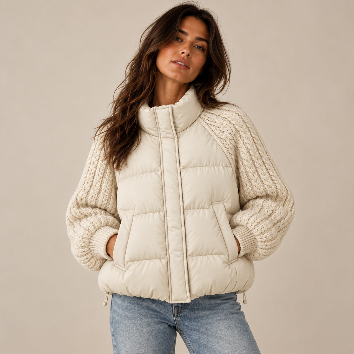 Women's Puffer Jacket with Cable Knit Sleeves