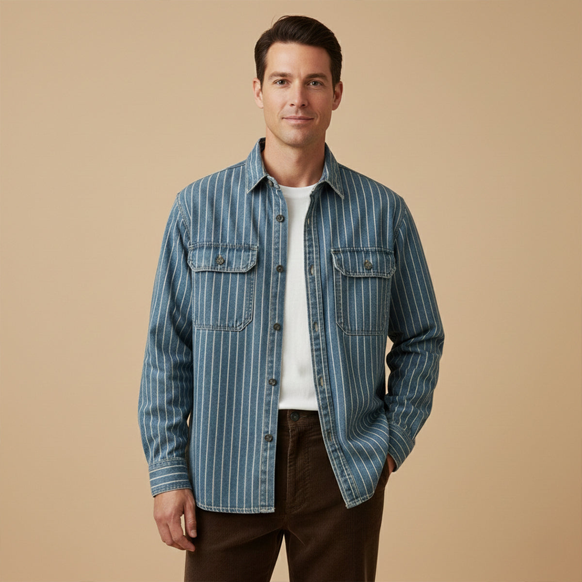 The Oakcrest Men’s Vintage Washed Vertical Stripe Denim Shirt Jacket – Blue