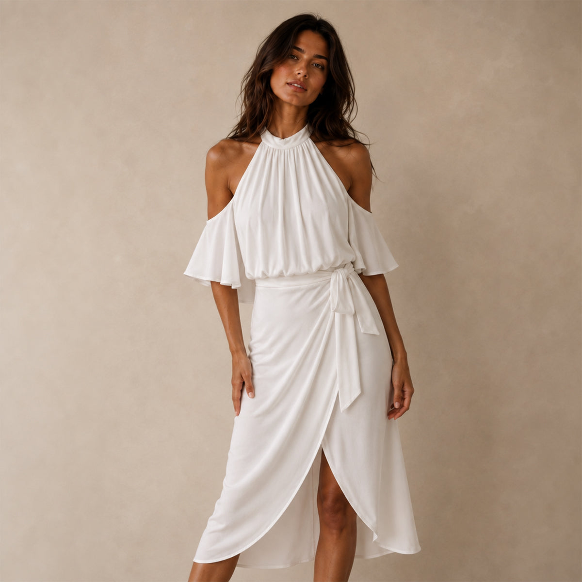 Midi Dress with Halter Neck and Off Shoulder