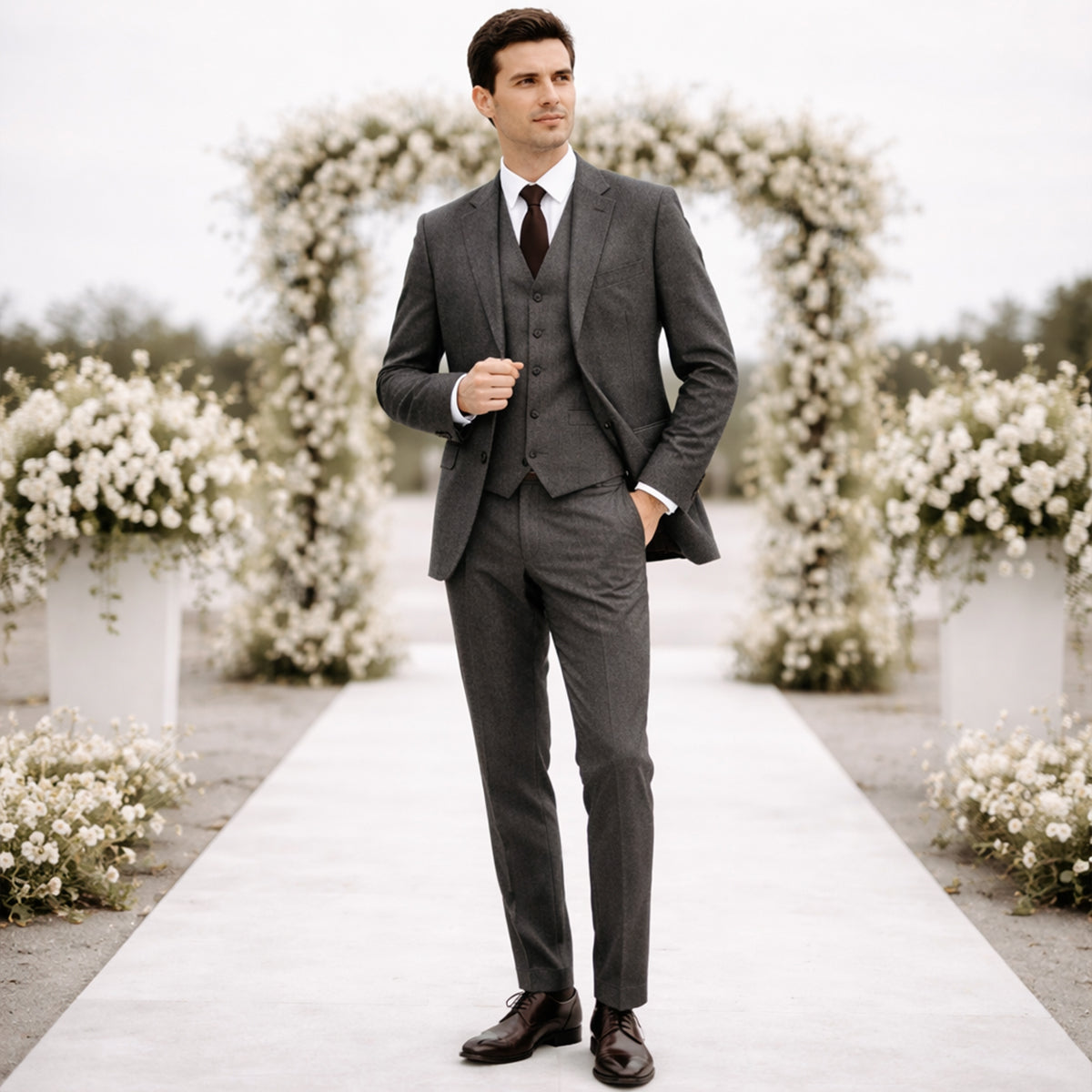 The Portofino Men’s Elegant 3 Piece Tweed Suit – Herringbone Blazer, Waistcoat & Trousers