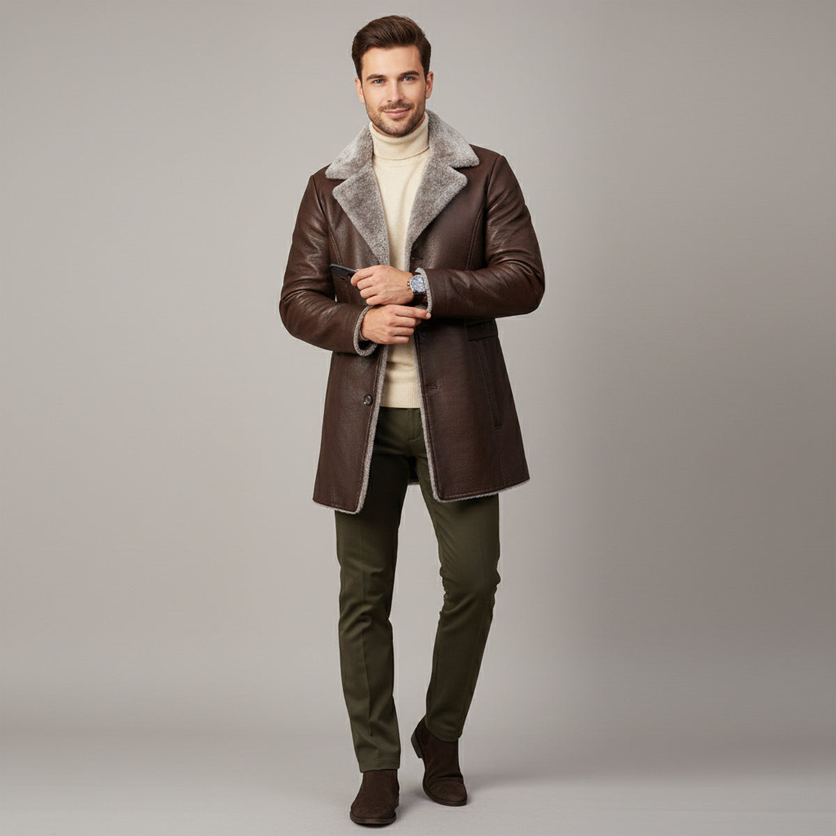 The Montefalco Men’s Button-Up Fur Lined Long Leather Winter Coat