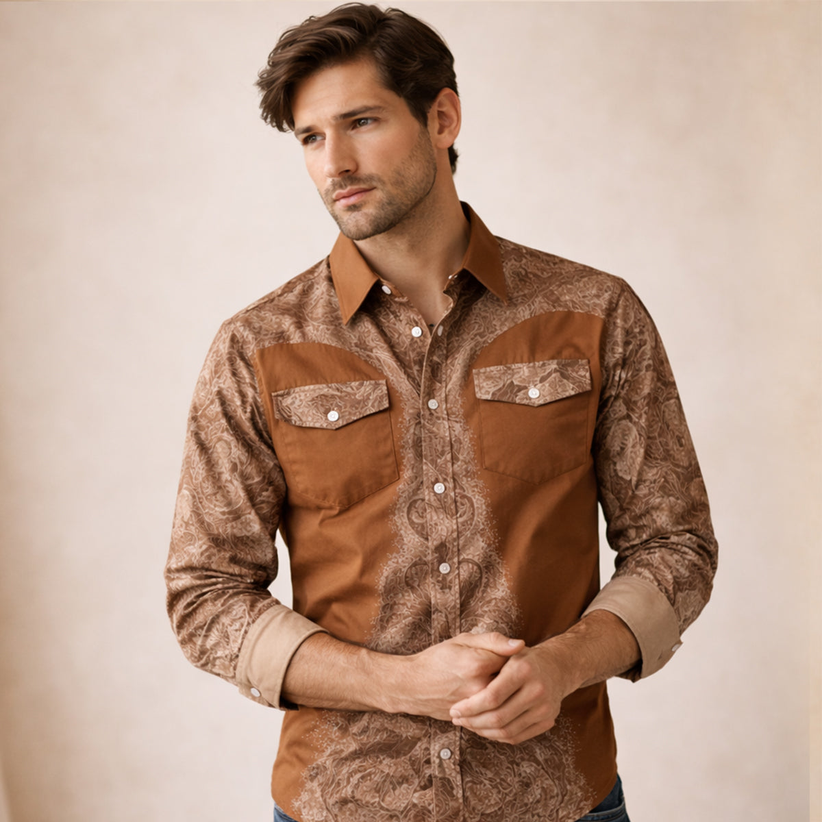 The Brookcrest Men’s Two Tone Patchwork Western Retro Denim Shirt