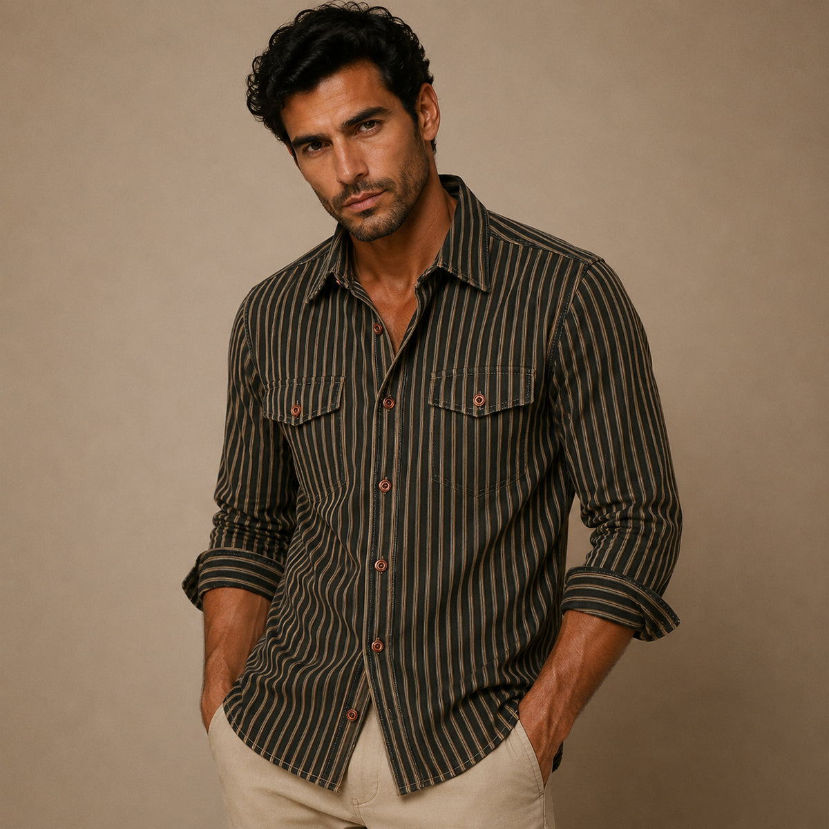 The Marseille Men's Cotton Retro Striped Button Up Shirt