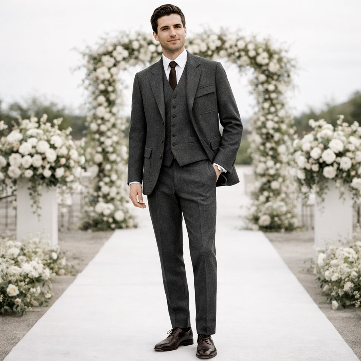 The Portofino Men’s Elegant 3 Piece Tweed Suit – Herringbone Blazer, Waistcoat & Trousers