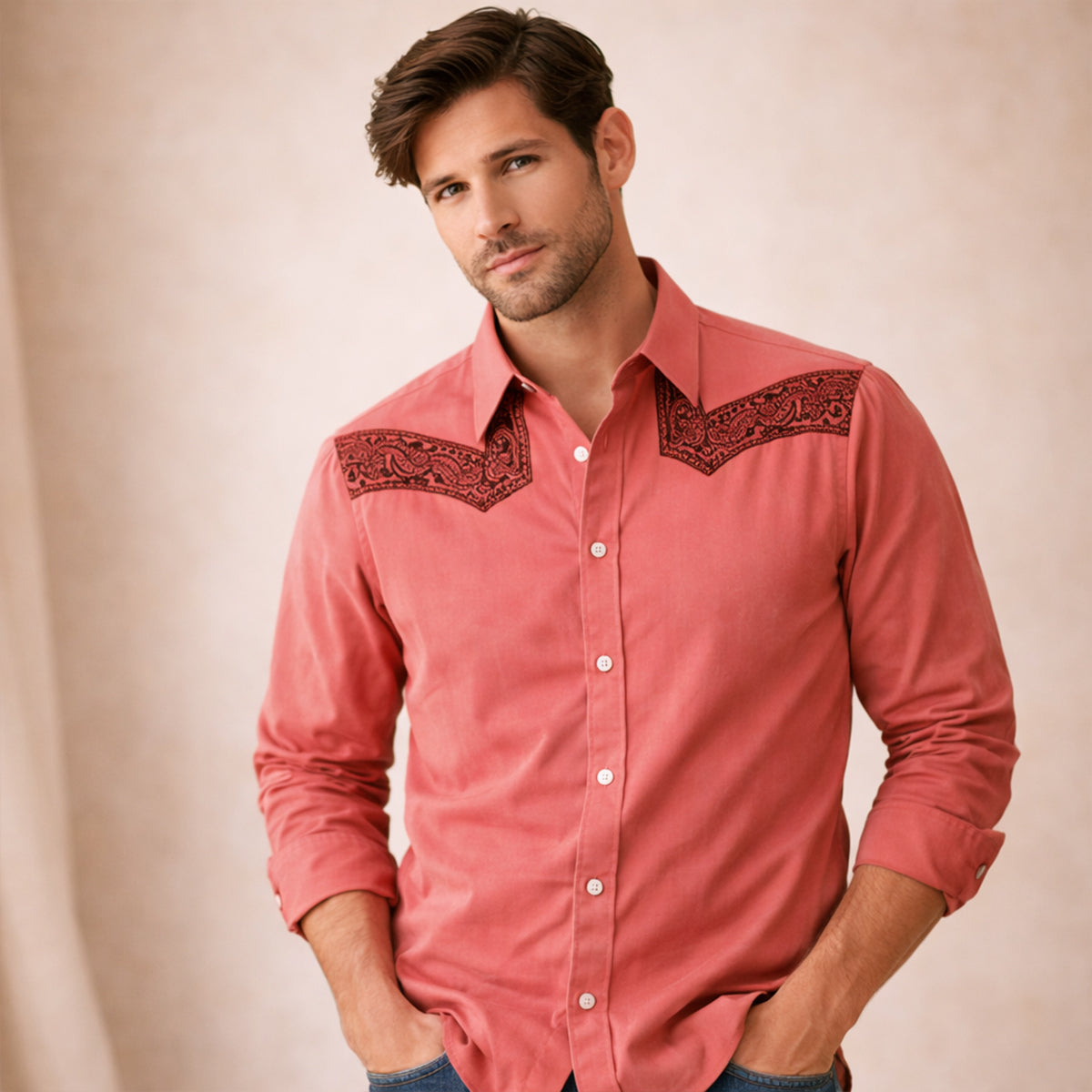 The Brookcrest Men’s Two Tone Patchwork Western Retro Denim Shirt