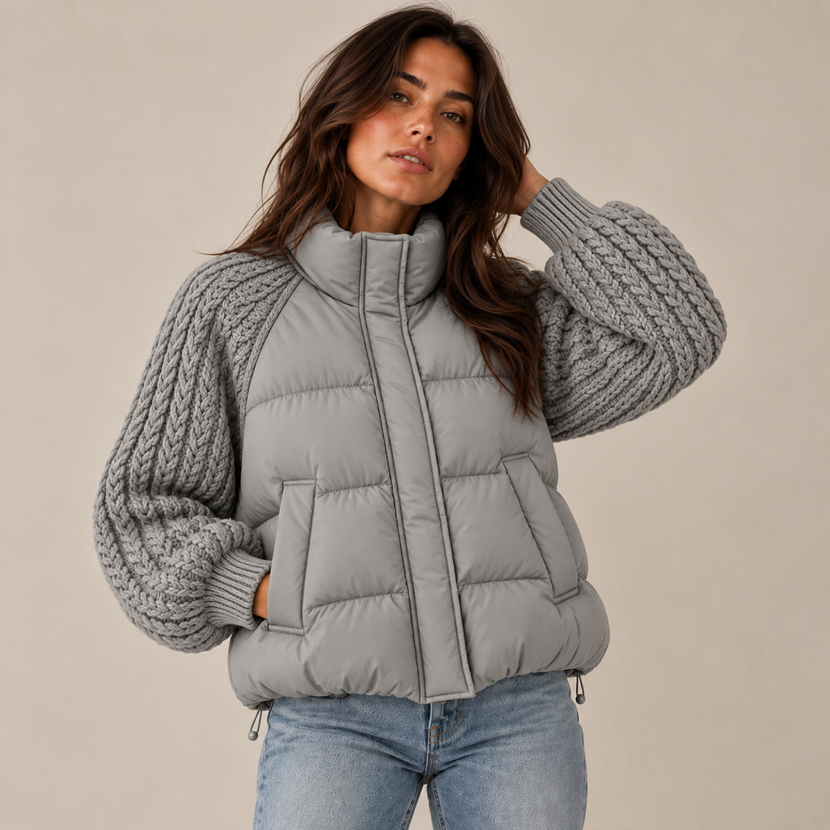 Women's Puffer Jacket with Cable Knit Sleeves