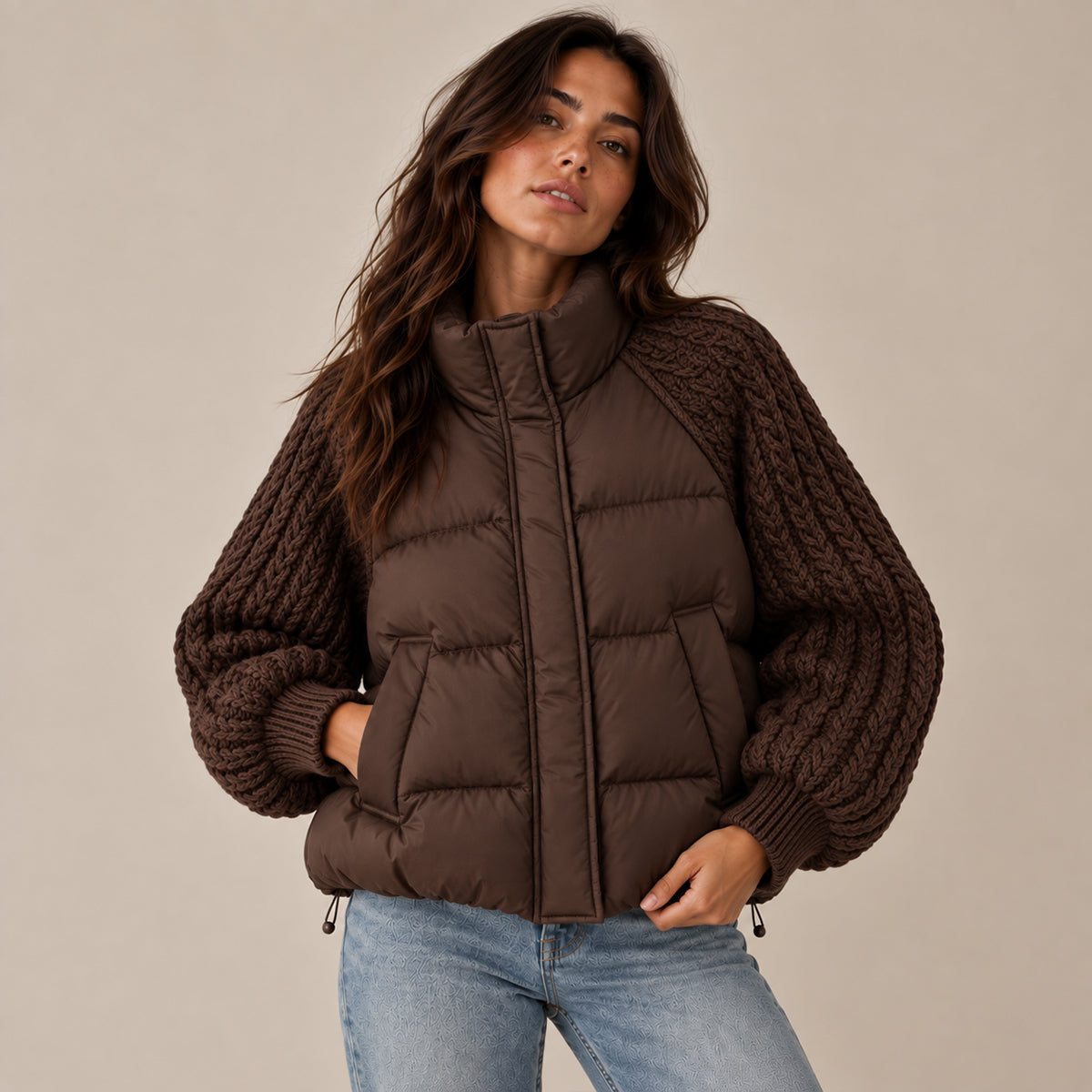 Women's Puffer Jacket with Cable Knit Sleeves